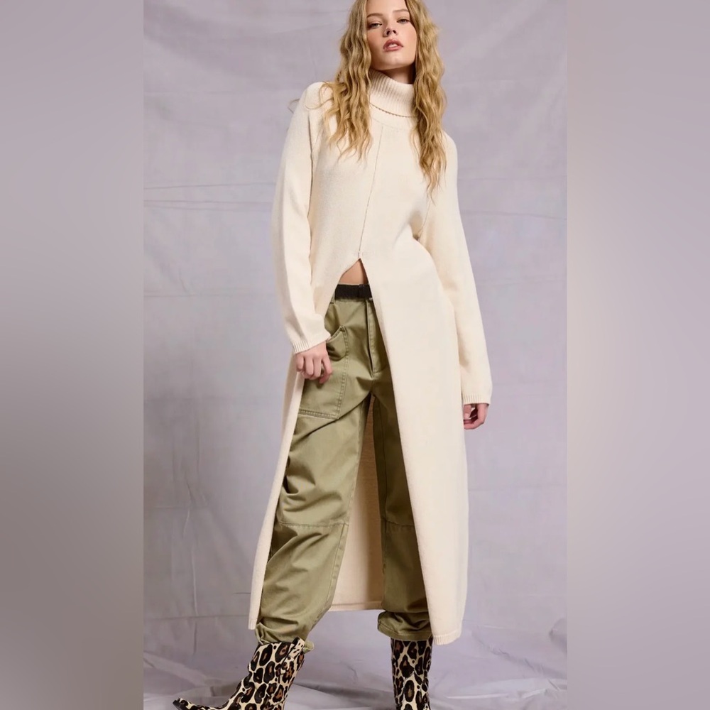 NWT Mimosa Ribbed Turtleneck Tunic Sweater Dress with From Slit in Ecru